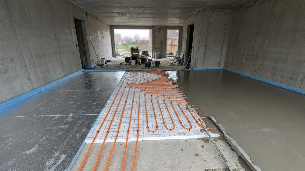 Werfvloer in drie fases naast elkaar: kale isolatieplaten links, PE-X leidingen in het midden, vers gegoten anhydriet rechts - visueel stappenplan