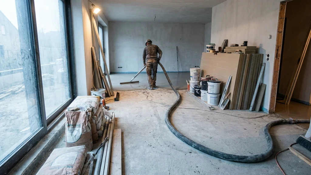 Wide-angle werfoverzicht: een aanvoerslang slingert over de vloer met vloeibare anhydriet; een werker met afreigereedschap op de achtergrond - actieve Vlaamse residentiële chape-installatie