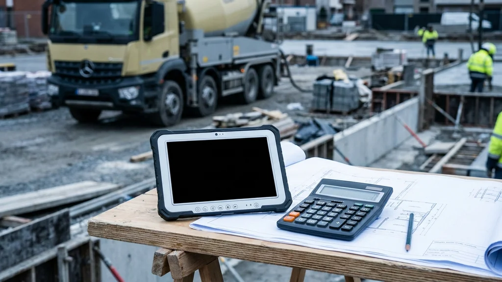 Werfoverzicht met tablet en bouwplannen op de voorgrond, anhydriet pomp-truck wazig op de achtergrond - chape prijsplanning en projectinschatting