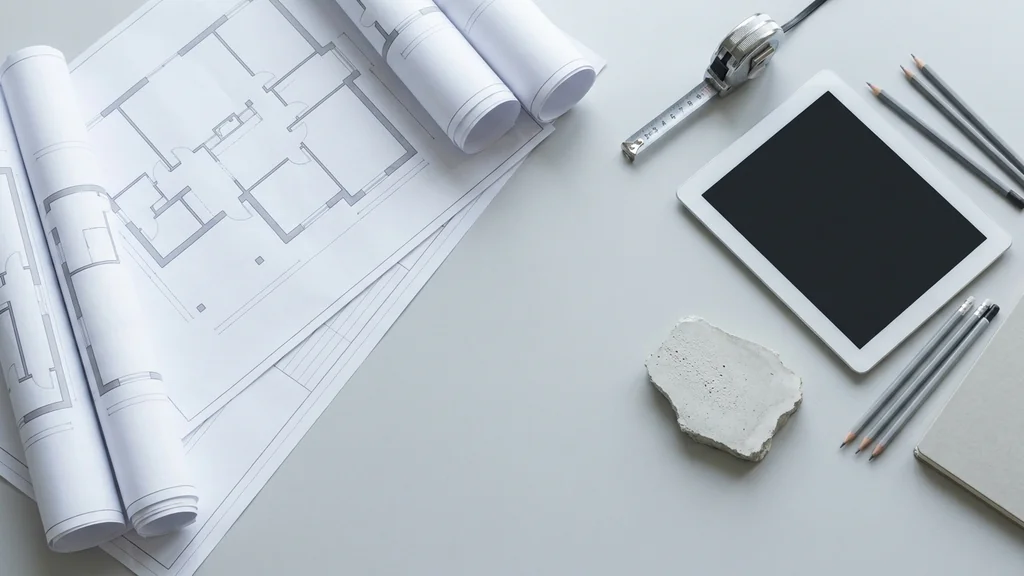 Bureaucompositie met bouwplannen, meetlint, tablet en een uitgehard anhydriet chape-staal - voorbereiding van een chape prijscalculatie